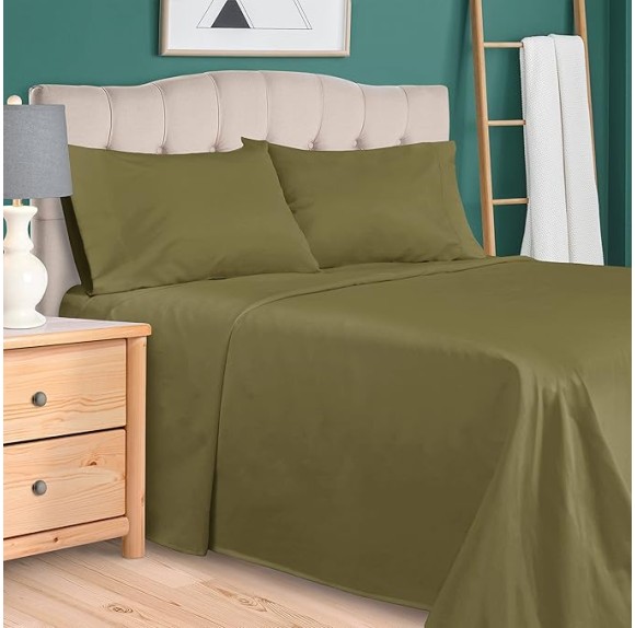 Egyptian Cotton 300 Thread Count Bed Sheet Set, 1 Elastic Deep Pocket Fitted Sheets, 1 Flat Sheet, 2 Pillowcases, Soft Bedding, Luxury Sheets, Sateen Weave, Queen, Sage