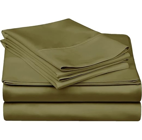 Egyptian Cotton 300 Thread Count Bed Sheet Set, 1 Elastic Deep Pocket Fitted Sheets, 1 Flat Sheet, 2 Pillowcases, Soft Bedding, Luxury Sheets, Sateen Weave, Queen, Sage