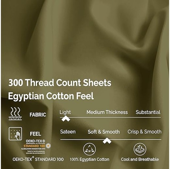 Egyptian Cotton 300 Thread Count Bed Sheet Set, 1 Elastic Deep Pocket Fitted Sheets, 1 Flat Sheet, 2 Pillowcases, Soft Bedding, Luxury Sheets, Sateen Weave, Queen, Sage