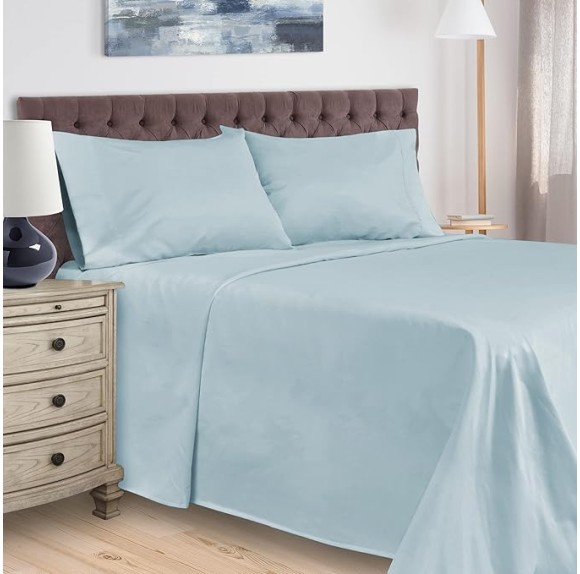 Egyptian Cotton 400 Thread Count Bed Sheet Set, 1 Elastic Deep Pocket Fitted Sheet, 1 Flat Sheet, 1 Pillowcase, Soft Bedding, Luxury Sheets, Sateen Weave, Twin Size, Light Blue