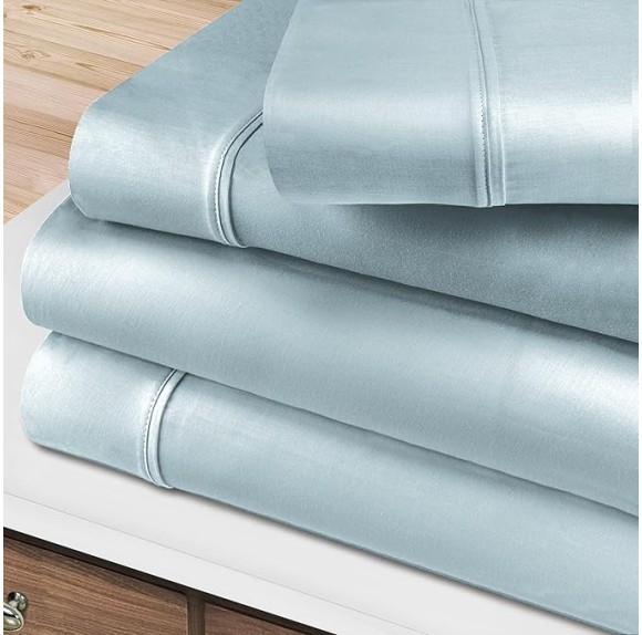 Egyptian Cotton 400 Thread Count Bed Sheet Set, 1 Elastic Deep Pocket Fitted Sheet, 1 Flat Sheet, 1 Pillowcase, Soft Bedding, Luxury Sheets, Sateen Weave, Twin Size, Light Blue