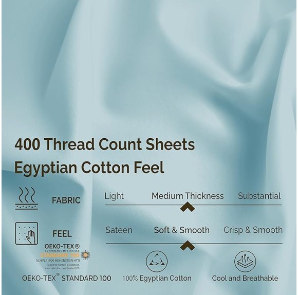 Egyptian Cotton 400 Thread Count Bed Sheet Set, 1 Elastic Deep Pocket Fitted Sheet, 1 Flat Sheet, 1 Pillowcase, Soft Bedding, Luxury Sheets, Sateen Weave, Twin Size, Light Blue