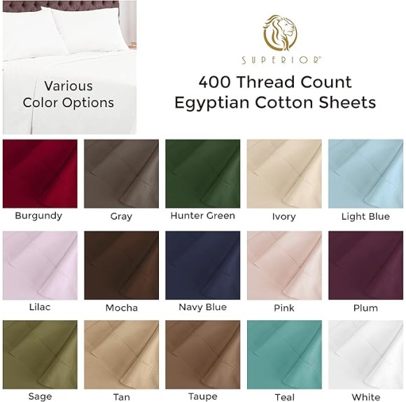 Egyptian Cotton 400 Thread Count Bed Sheet Set, 1 Elastic Deep Pocket Fitted Sheet, 1 Flat Sheet, 1 Pillowcase, Soft Bedding, Luxury Sheets, Sateen Weave, Twin Size, Light Blue