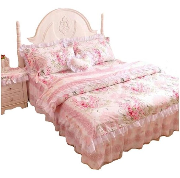Romantic Flower Print Bedding Set,Floral Bed Set,Princess Lace Ruffle Duvet Cover King Queen Twin,4Pcs (Queen)