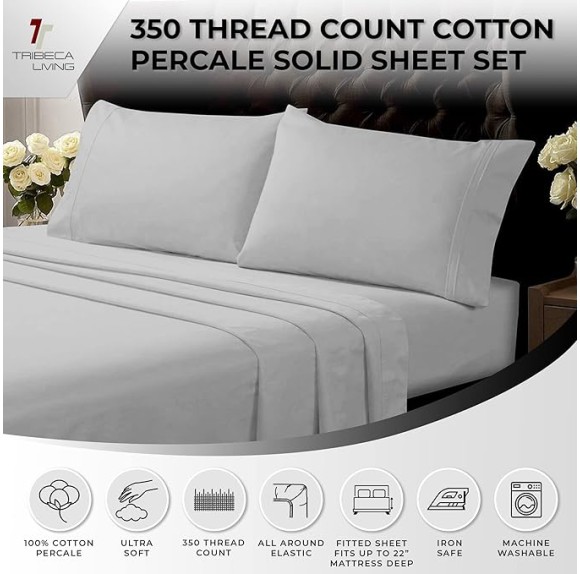 King Bed Sheet Set, Crisp and Smooth Egyptian Cotton Percale Solid Sheets and Pillowcase Set, Extra Deep Pocket, 350 Thread Count, 4-Piece Luxury Bedding, White