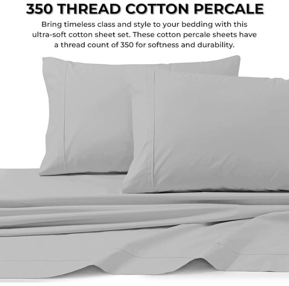 King Bed Sheet Set, Crisp and Smooth Egyptian Cotton Percale Solid Sheets and Pillowcase Set, Extra Deep Pocket, 350 Thread Count, 4-Piece Luxury Bedding, White