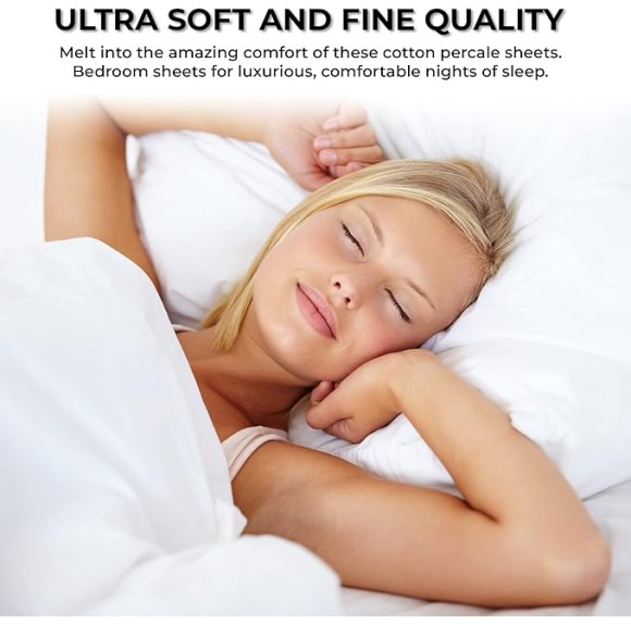 King Bed Sheet Set, Crisp and Smooth Egyptian Cotton Percale Solid Sheets and Pillowcase Set, Extra Deep Pocket, 350 Thread Count, 4-Piece Luxury Bedding, White