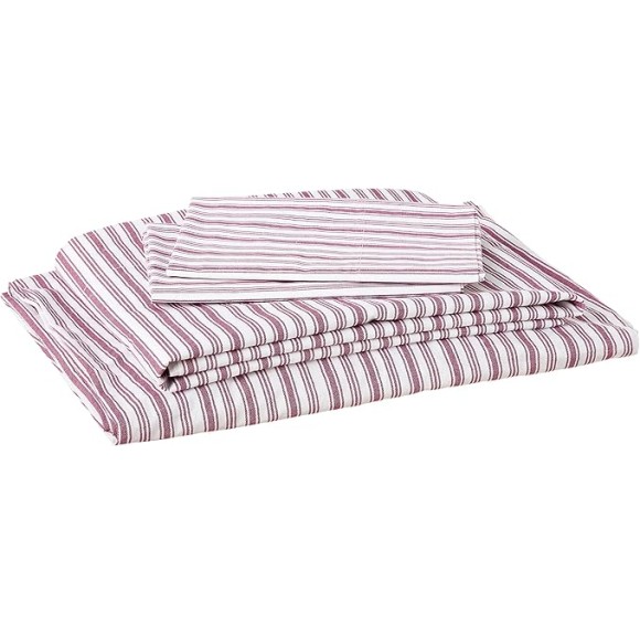 Queen Sheets, Cotton Percale Bedding Set, Casual Home Decor (Coleridge Stripe Red, Queen)