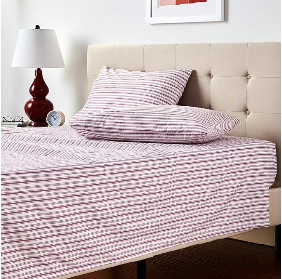 Queen Sheets, Cotton Percale Bedding Set, Casual Home Decor (Coleridge Stripe Red, Queen)
