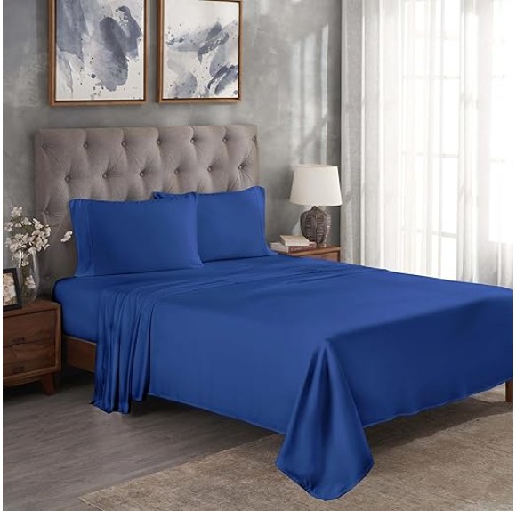 Modal from Beechwood 300 Thread Bed Sheet Set, 1 Elastic Deep Pocket Fitted Sheet, 1 Flat Sheet, 2 Pillowcases, Soft Cool Sheets, Sateen Weave, Bedding Essentials, Queen, Navy Blue