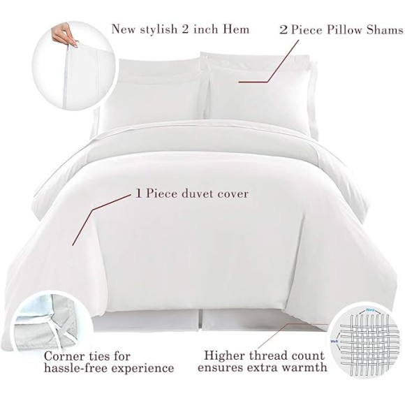 Genuine Premium Egyptian cotton 600 Thread Count, Made In Italy - Italian Finish WHITE 3-Piece Duvet Set ( Duvet Cover & 2 Pillow Shams), Single Ply, Solid TWIN