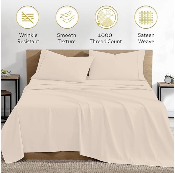 Ivory Egyptian Cotton Sheets King Size 1000 Thread Count Deep Pocket Sheet 17" Soft Hotel Luxury Cooling Bed Sheets 4 Piece Bedding Set 1 Flat bedsheet 1 Fitted, 2 Pillow Cases