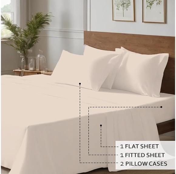 Ivory Egyptian Cotton Sheets King Size 1000 Thread Count Deep Pocket Sheet 17" Soft Hotel Luxury Cooling Bed Sheets 4 Piece Bedding Set 1 Flat bedsheet 1 Fitted, 2 Pillow Cases