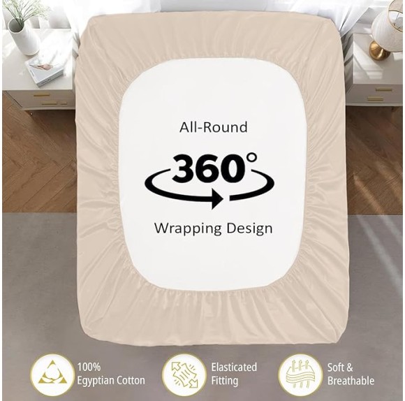 Ivory Egyptian Cotton Sheets King Size 1000 Thread Count Deep Pocket Sheet 17" Soft Hotel Luxury Cooling Bed Sheets 4 Piece Bedding Set 1 Flat bedsheet 1 Fitted, 2 Pillow Cases