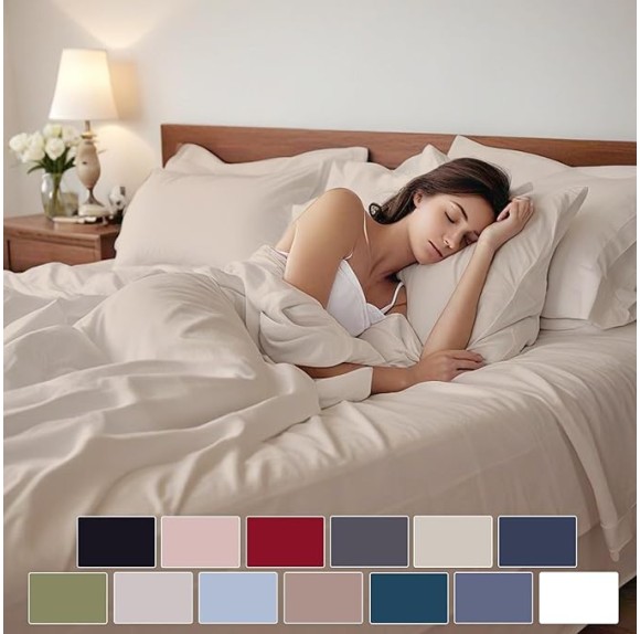 Ivory Egyptian Cotton Sheets King Size 1000 Thread Count Deep Pocket Sheet 17" Soft Hotel Luxury Cooling Bed Sheets 4 Piece Bedding Set 1 Flat bedsheet 1 Fitted, 2 Pillow Cases