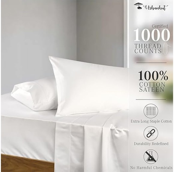 1000 Thread Count Egyptian Cotton Sheets King Size, Long Staple Soft & Breathable, 4 Pc Bed Sheet Sets, Luxury Hotel Sateen Sheets Fits 16" Deep Pocket - White