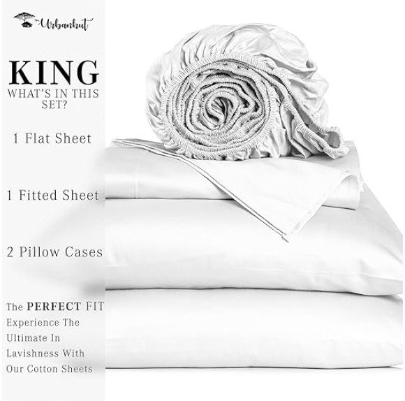1000 Thread Count Egyptian Cotton Sheets King Size, Long Staple Soft & Breathable, 4 Pc Bed Sheet Sets, Luxury Hotel Sateen Sheets Fits 16" Deep Pocket - White