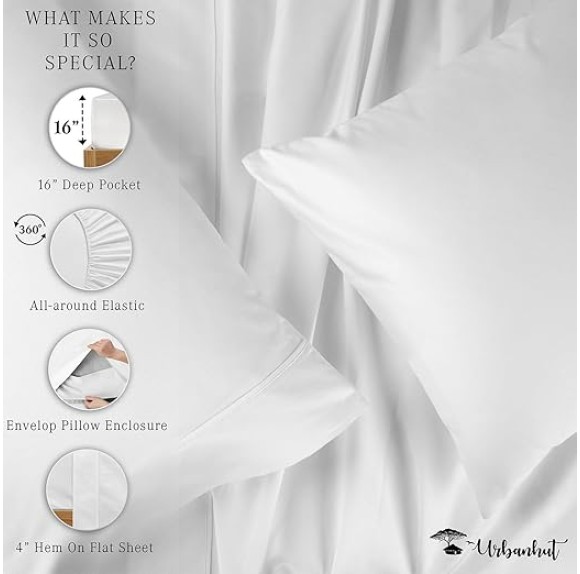 1000 Thread Count Egyptian Cotton Sheets King Size, Long Staple Soft & Breathable, 4 Pc Bed Sheet Sets, Luxury Hotel Sateen Sheets Fits 16" Deep Pocket - White