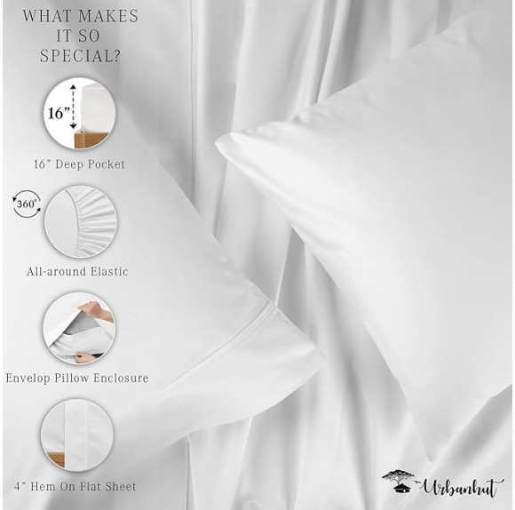 1000 Thread Count Egyptian Cotton Sheets Queen Size, Long Staple Soft & Breathable, 4 Pc Bed Sheet Sets, Luxury Hotel Sateen Sheets Fits 16" Deep Pocket - White