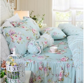 Shabby Floarl Cotton Bedding Set Queen 4-Pieces Light Blue Hydrangea Print Duvet Cover Set with Bedskirt French Country Style with Ruffle -1 Duvet Cover, 1 Bedskirt, 2 Pillowshams