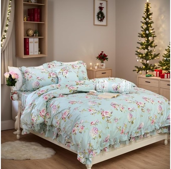 Shabby Floarl Cotton Bedding Set Queen 4-Pieces Light Blue Hydrangea Print Duvet Cover Set with Bedskirt French Country Style with Ruffle -1 Duvet Cover, 1 Bedskirt, 2 Pillowshams