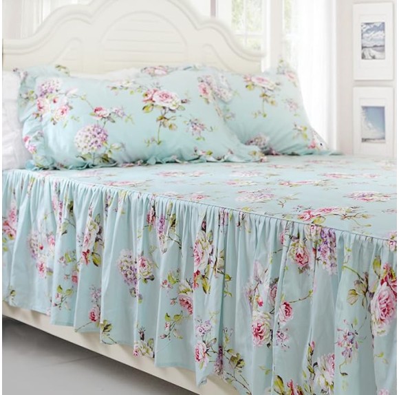 Shabby Floarl Cotton Bedding Set Queen 4-Pieces Light Blue Hydrangea Print Duvet Cover Set with Bedskirt French Country Style with Ruffle -1 Duvet Cover, 1 Bedskirt, 2 Pillowshams