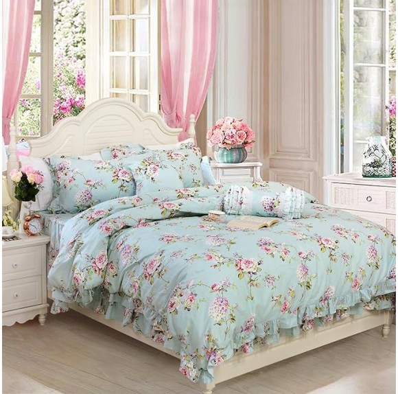 Shabby Floarl Cotton Bedding Set Queen 4-Pieces Light Blue Hydrangea Print Duvet Cover Set with Bedskirt French Country Style with Ruffle -1 Duvet Cover, 1 Bedskirt, 2 Pillowshams