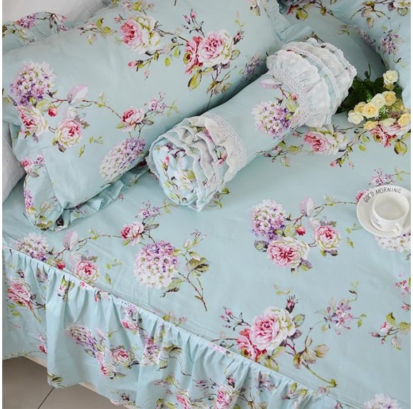 Shabby Floarl Cotton Bedding Set Queen 4-Pieces Light Blue Hydrangea Print Duvet Cover Set with Bedskirt French Country Style with Ruffle -1 Duvet Cover, 1 Bedskirt, 2 Pillowshams