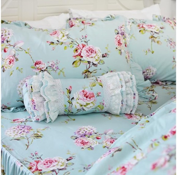 Shabby Floarl Cotton Bedding Set Queen 4-Pieces Light Blue Hydrangea Print Duvet Cover Set with Bedskirt French Country Style with Ruffle -1 Duvet Cover, 1 Bedskirt, 2 Pillowshams