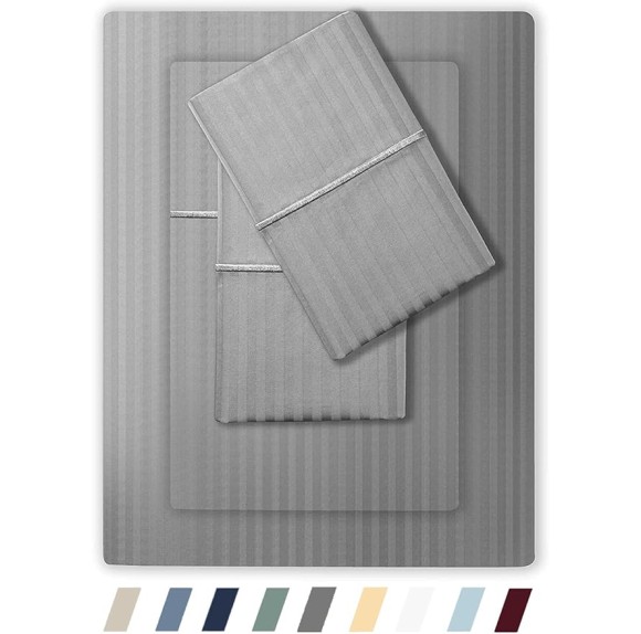 Feather & Stitch 500 TC Queen Size Damask Bed Sheet Set, 100% Soft Cotton Breathable Bedsheets, 18" Deep Pockets Sateen Weave Striped Bedding Mattress Resort Hotel Luxury Décor - (Grey, Queen)