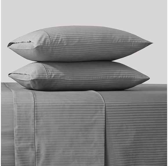 Feather & Stitch 500 TC Queen Size Damask Bed Sheet Set, 100% Soft Cotton Breathable Bedsheets, 18" Deep Pockets Sateen Weave Striped Bedding Mattress Resort Hotel Luxury Décor - (Grey, Queen)