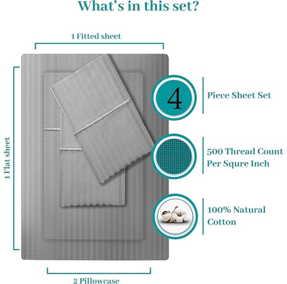 Feather & Stitch 500 TC Queen Size Damask Bed Sheet Set, 100% Soft Cotton Breathable Bedsheets, 18" Deep Pockets Sateen Weave Striped Bedding Mattress Resort Hotel Luxury Décor - (Grey, Queen)
