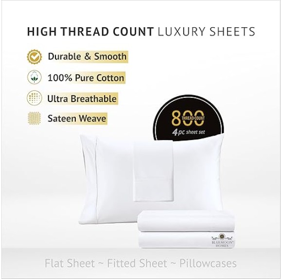 Egyptian Cotton Queen Sheets Deep Pocket 100% Egyptian Cotton Sheets 800 Thread Count Bed Sheet 4 Piece - Extra Long-Staple Cotton Sheets and Breathable & Sateen Weave Sheet (White)