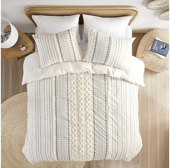 Imani 100% Cotton Duvet Mid Century Modern Design, All Season Comforter Cover Bedding Set, Matching Shams, King/Cal King, Ivory Chenille Tufted Accent 3 Piece