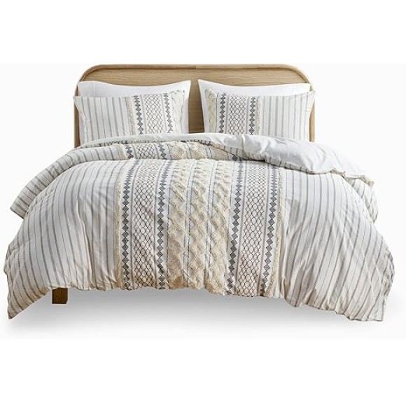 Imani 100% Cotton Duvet Mid Century Modern Design, All Season Comforter Cover Bedding Set, Matching Shams, King/Cal King, Ivory Chenille Tufted Accent 3 Piece