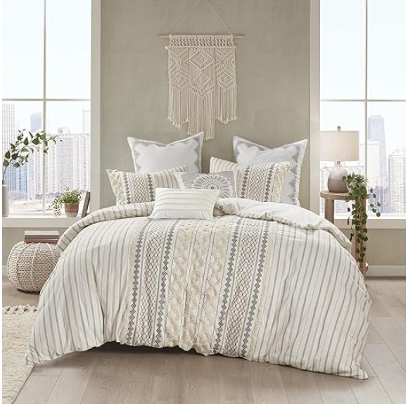 Imani 100% Cotton Duvet Mid Century Modern Design, All Season Comforter Cover Bedding Set, Matching Shams, King/Cal King, Ivory Chenille Tufted Accent 3 Piece
