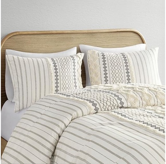 Imani 100% Cotton Duvet Mid Century Modern Design, All Season Comforter Cover Bedding Set, Matching Shams, King/Cal King, Ivory Chenille Tufted Accent 3 Piece