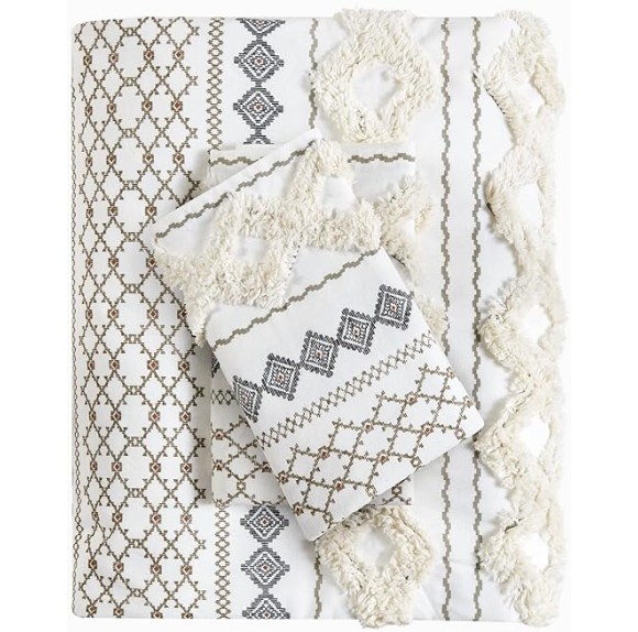 Imani 100% Cotton Duvet Mid Century Modern Design, All Season Comforter Cover Bedding Set, Matching Shams, King/Cal King, Ivory Chenille Tufted Accent 3 Piece