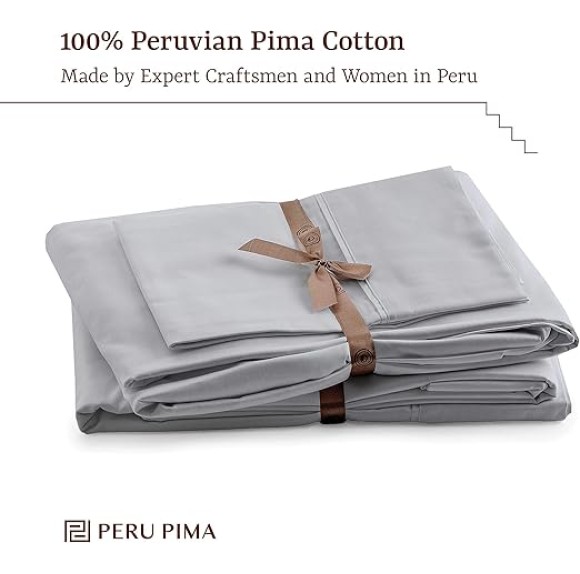 Thermoregulating All-Season Bed Sheet Set, 100% Peruvian Cotton, (Flat Sheet, Fitted Sheet, 1X Pillowcase),600 Thread Count Sateen, Breathable, Soft & Cooling, Twin Size, Slate