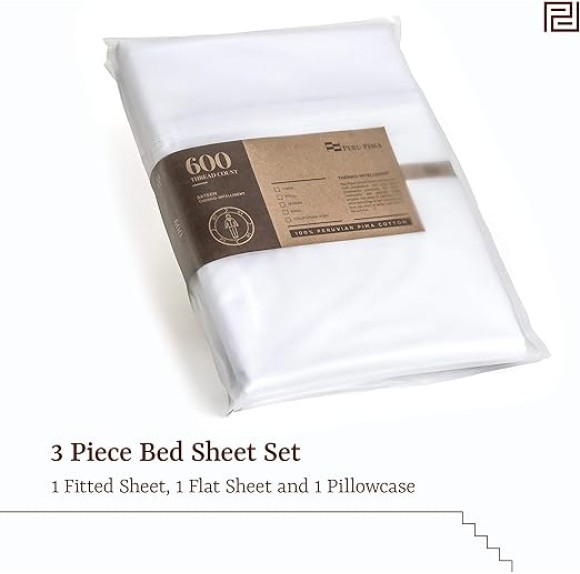 Thermoregulating All-Season Bed Sheet Set, 100% Peruvian Cotton, (Flat Sheet, Fitted Sheet, 1X Pillowcase),600 Thread Count Sateen, Breathable, Soft & Cooling, Twin Size, Slate