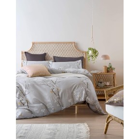Japanese Oriental Style Cherry Red Blossom Floral branches Print Duvet Quilt Cover 300tc Cotton Bedding 3 piece Set (King, Light Taupe)