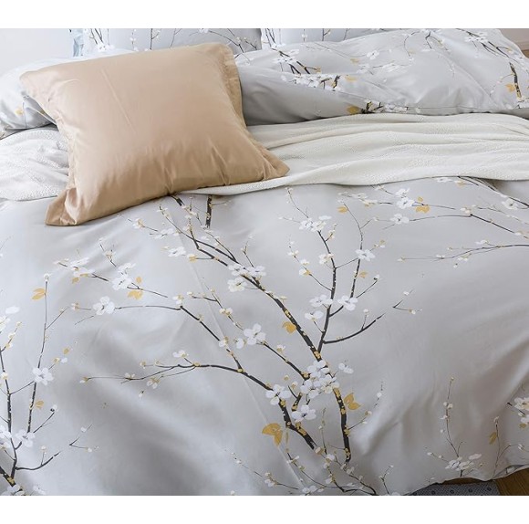 Japanese Oriental Style Cherry Red Blossom Floral branches Print Duvet Quilt Cover 300tc Cotton Bedding 3 piece Set (King, Light Taupe)