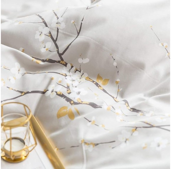 Japanese Oriental Style Cherry Red Blossom Floral branches Print Duvet Quilt Cover 300tc Cotton Bedding 3 piece Set (King, Light Taupe)
