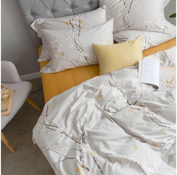 Japanese Oriental Style Cherry Red Blossom Floral branches Print Duvet Quilt Cover 300tc Cotton Bedding 3 piece Set (King, Light Taupe)