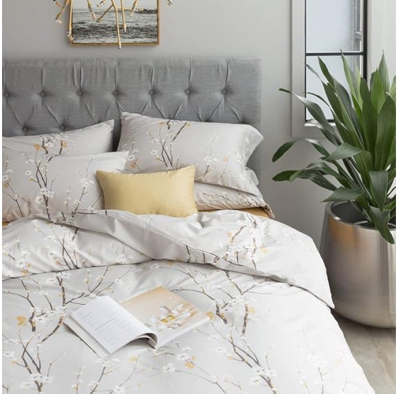 Japanese Oriental Style Cherry Red Blossom Floral branches Print Duvet Quilt Cover 300tc Cotton Bedding 3 piece Set (King, Light Taupe)