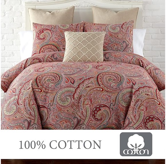 Spruce Red Duvet Cover Set - King Duvet Cover (106 x 94in.)+ Two King Pillow Cases (36 x 20in.) - Paisley Pattern - Red, Tan, Grey, Burgundy - Cotton