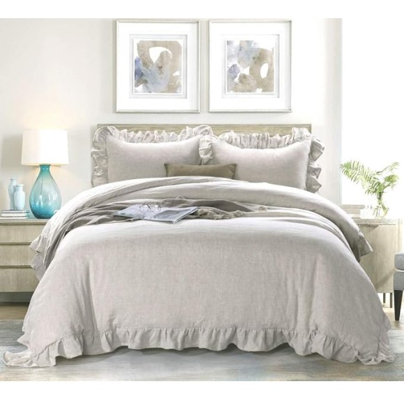 100% Stone Washed Linen Duvet Cover Set 3 Pieces, King Size 104 inches x 92 inches, Shams 20 inches x 36 inches, Ruffled Style, Button Closure, Corner Ties, Super Soft, Solid Natural Color
