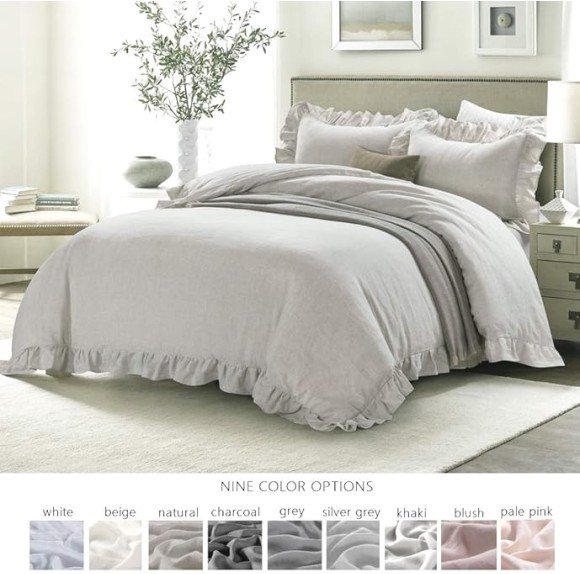 100% Stone Washed Linen Duvet Cover Set 3 Pieces, King Size 104 inches x 92 inches, Shams 20 inches x 36 inches, Ruffled Style, Button Closure, Corner Ties, Super Soft, Solid Natural Color