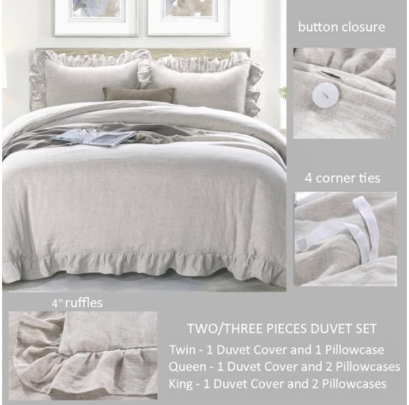 100% Stone Washed Linen Duvet Cover Set 3 Pieces, King Size 104 inches x 92 inches, Shams 20 inches x 36 inches, Ruffled Style, Button Closure, Corner Ties, Super Soft, Solid Natural Color
