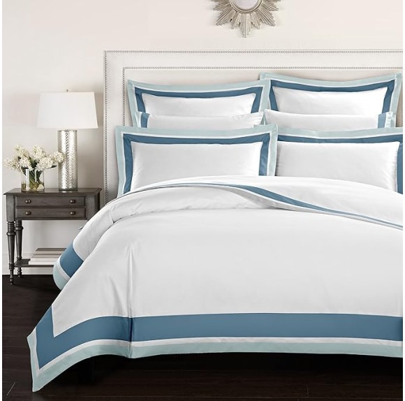 Casabolaj Shading 3 Pieces Do Not Include Filling Duvet Cover Set 100% Egyptian Cotton Sateen Luxury 400 TC Frame Patchwork Button Closure and Corner Ties-White/Blue/Sapphire (King)